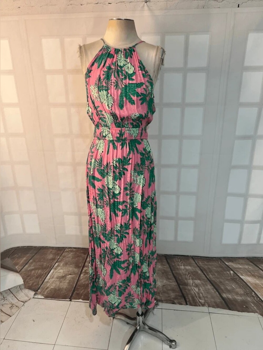 Pink Tropical Halter Maxi Dress